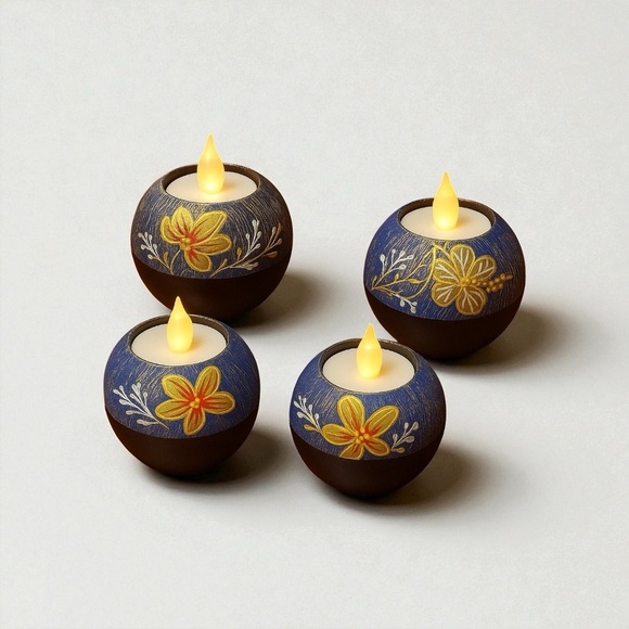 Other - Floral Tea Light Wooden Votive Holders 4 Pcs Hand Painted Asian Inspired
